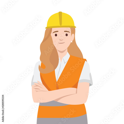 Determined female construction worker wearing a hard hat and safety vest,standing with crossed arms. Flat vector illustration isolated on white background