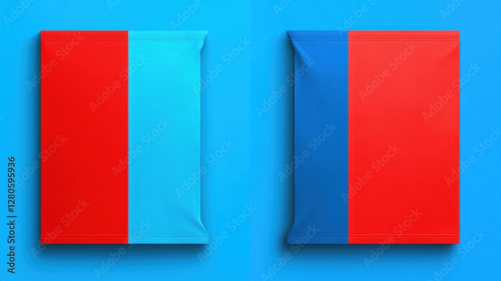 Fototapeta premium Two colorful square snack bags on a blue background