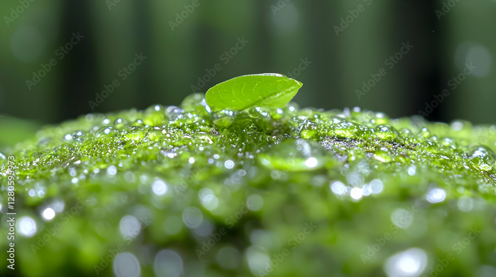 Fototapeta premium Dew-covered moss, new leaf sprout, forest background, nature photography