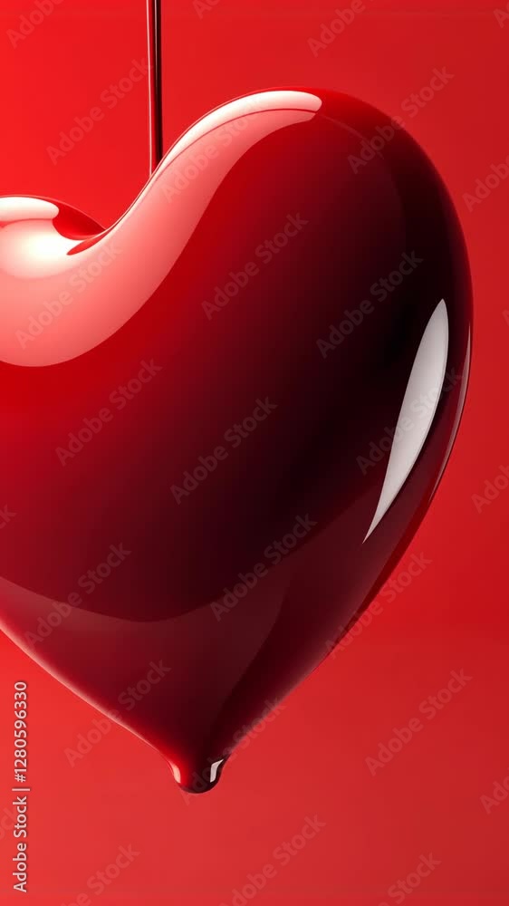 Bright red heart shape hanging against a vivid red background with a glossy finish highlighting its curves