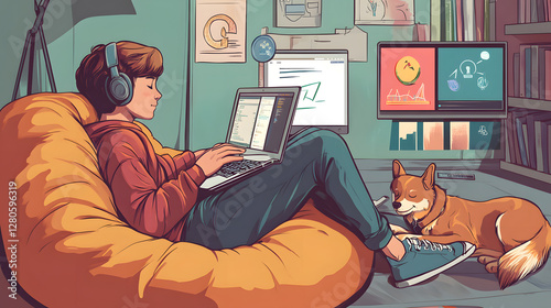 A cartoon-style illustration of an online student studying at home, surrounded by various digital devices displaying educational content
