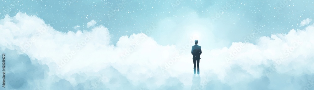 Fototapeta premium A solitary figure stands amidst clouds, evoking a sense of introspection, tranquility, and the vastness of the unknown in a serene, ethereal landscape.