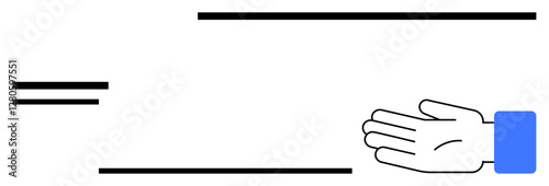 Horizontal lines with an outstretched hand wearing blue clothing sleeve convey themes of invitation, approachability, outreach, and simplicity. Ideal for communication, assistance, connection