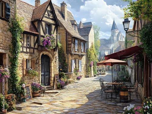Fototapeta Naklejka Na Ścianę i Meble -  Charming cobblestone street france scenic village quaint atmosphere