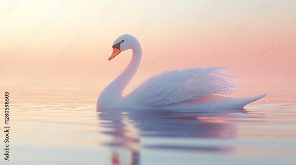 Fototapeta premium Graceful swan swimming at sunrise tranquil lake nature photography