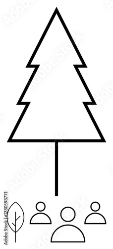 Geometric tree outline above simplistic human and leaf icons symbolizing nature, teamwork, sustainability, and connection. Ideal for community, environment, eco-living, collective efforts, team