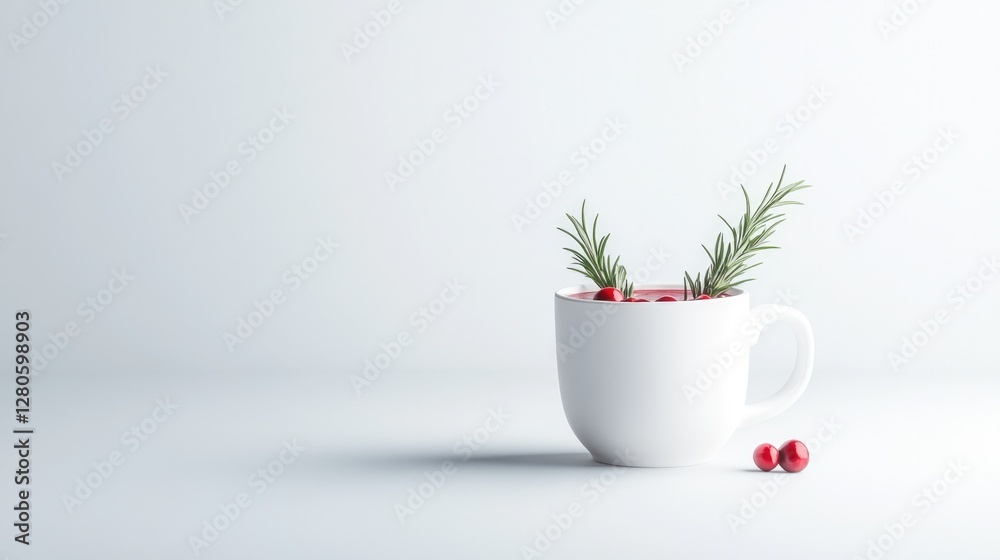 Fototapeta premium Minimalistic design features white cup with greenery and red ber