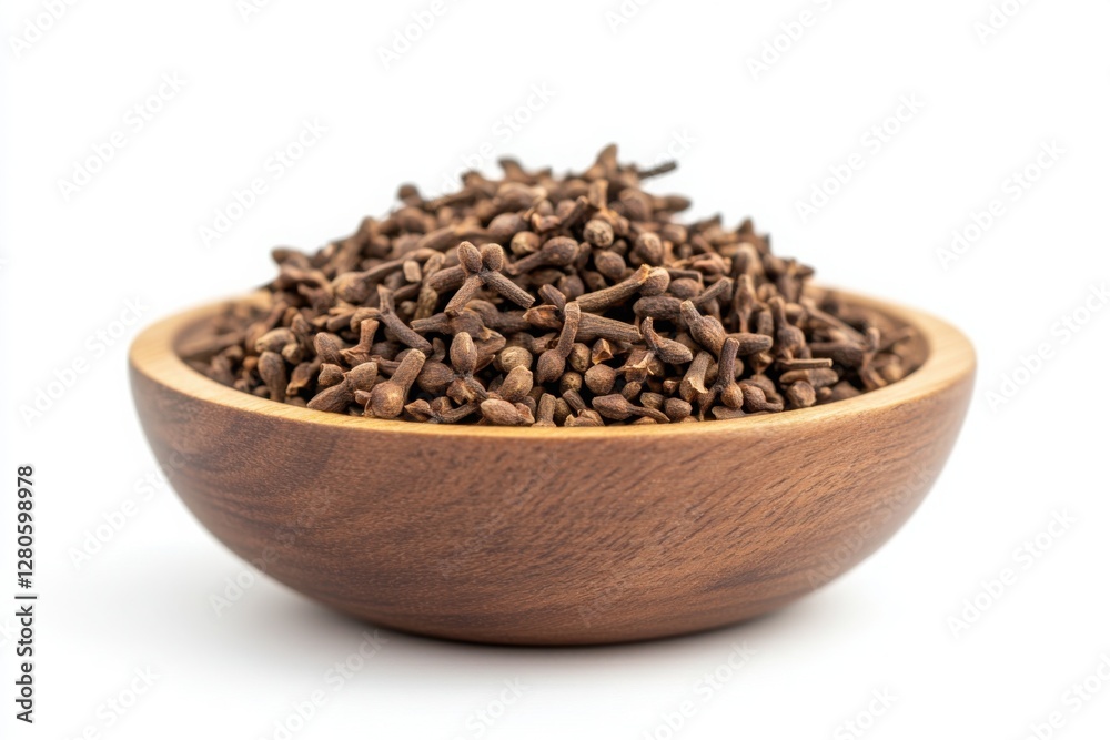 Dried Cloves in Wooden Bowl on White Background for Culinary Use Dried Cloves in Wooden Bowl on White Background for Culinary Use