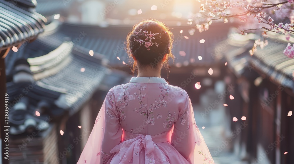 Back view of korean asian woman in traditional korean dress or hanbok dress walking in old palace in night with full moon, Seoul city, South Korea,copy space. Back view of korean asian woman in traditional korean dress or hanbok dress walking in old palace in night with full moon, Seoul city, South Korea,copy space.