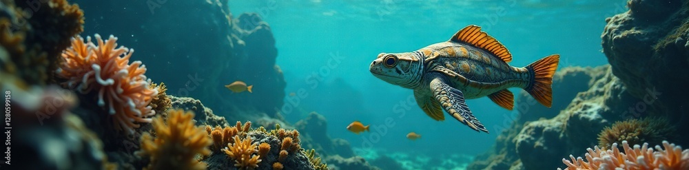 Naklejka premium Einige Augen in einem Auge mit einem kleinen Schildkr?te, unterwasser, verschiedene Farben