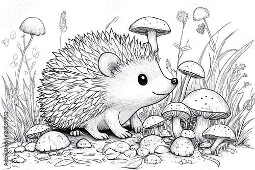 Cute hedgehog coloring page in a garden with mushrooms