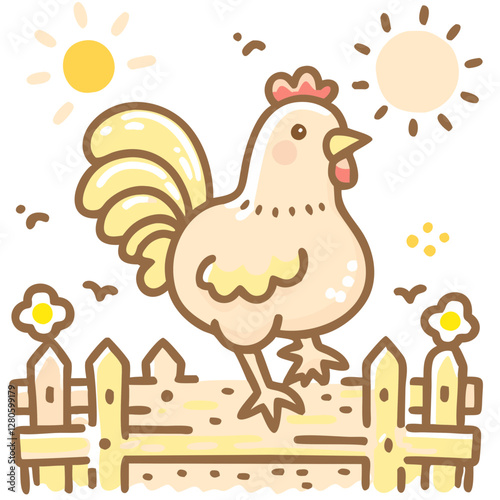 Pets on a farm Cute rooster standing on a fence in doodle style