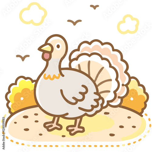 Pets on a farm Cute turkey standing in the yard in doodle style