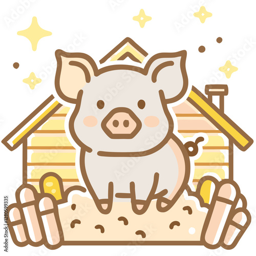 Pets on a farm Cute piglet rolling in the mud near a barn in doodle style