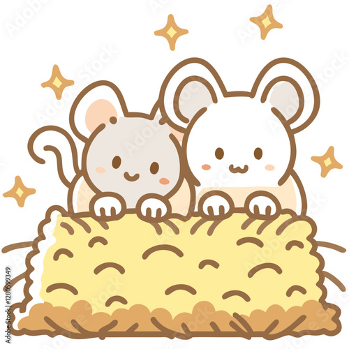 Pets on a farm Cute mice hiding in hay in doodle style
