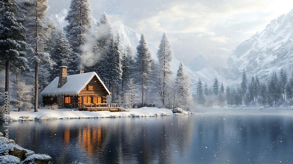 Fototapeta premium Winter cabin retreat by tranquil lake snowy mountains serene landscape