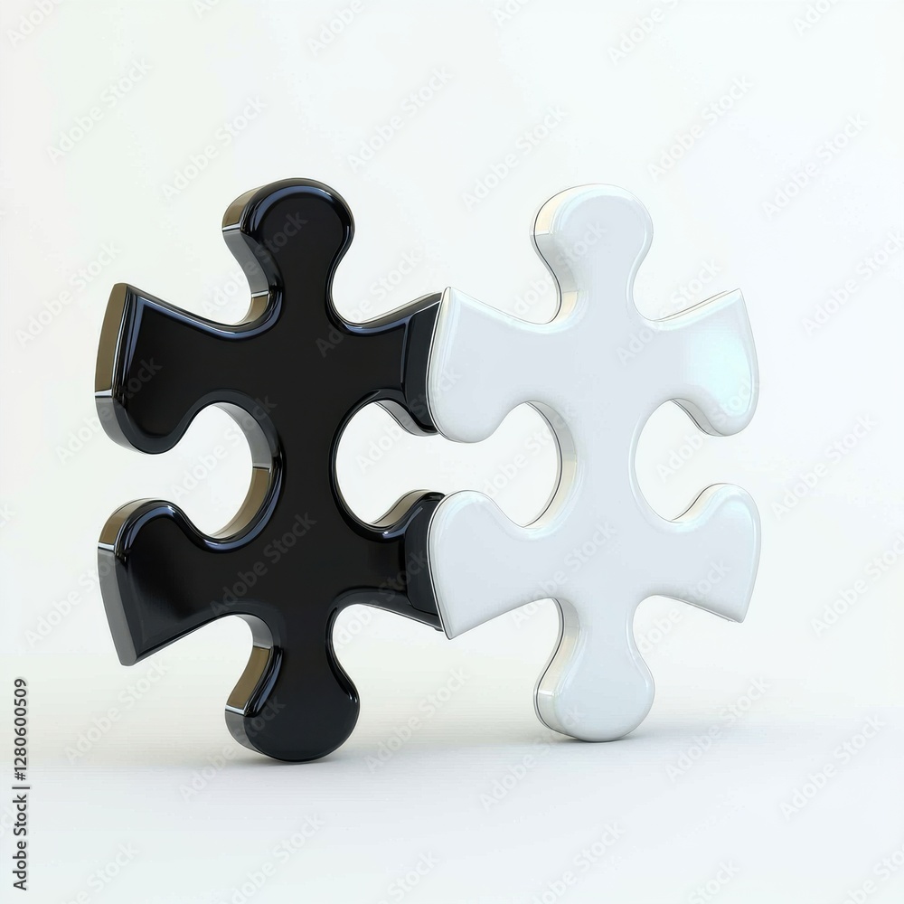 Obraz premium Interlocking black and white jigsaw puzzle pieces, symbolising unity, harmony, and the complementary nature of opposites, on clean and simple plain background.
