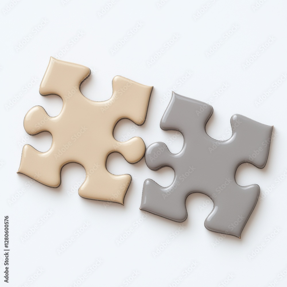 Two connected puzzle pieces on a white background symbolize unity, partnership, and problem-solving, depicting strategy in neutral tones with minimalist composition.