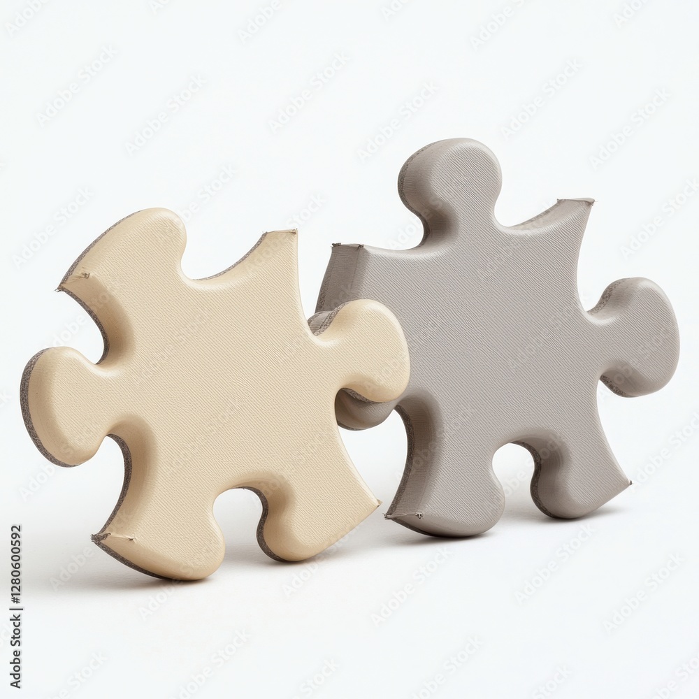 Fototapeta premium Close-up studio shot showcasing two puzzle pieces, symbolizing connection and problem-solving, emphasizing unity on a clean white background in minimalist style.