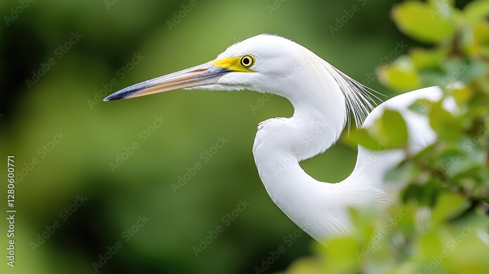 Fototapeta premium White egret in lush foliage, tranquil nature scene, wildlife photography, nature documentary
