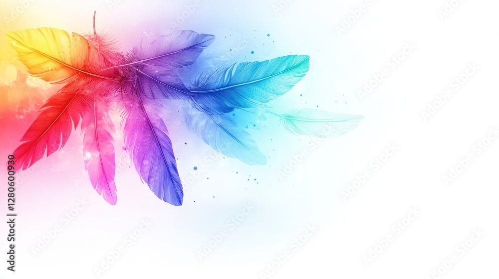 Obraz premium Colorful feathers, abstract background, soft light, floating in white space
