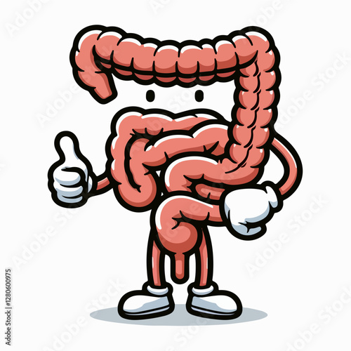 Gut Health Champion: A vibrant illustration of the large intestine as a friendly character, proudly giving a thumbs-up, celebrating the importance of a healthy digestive system. 