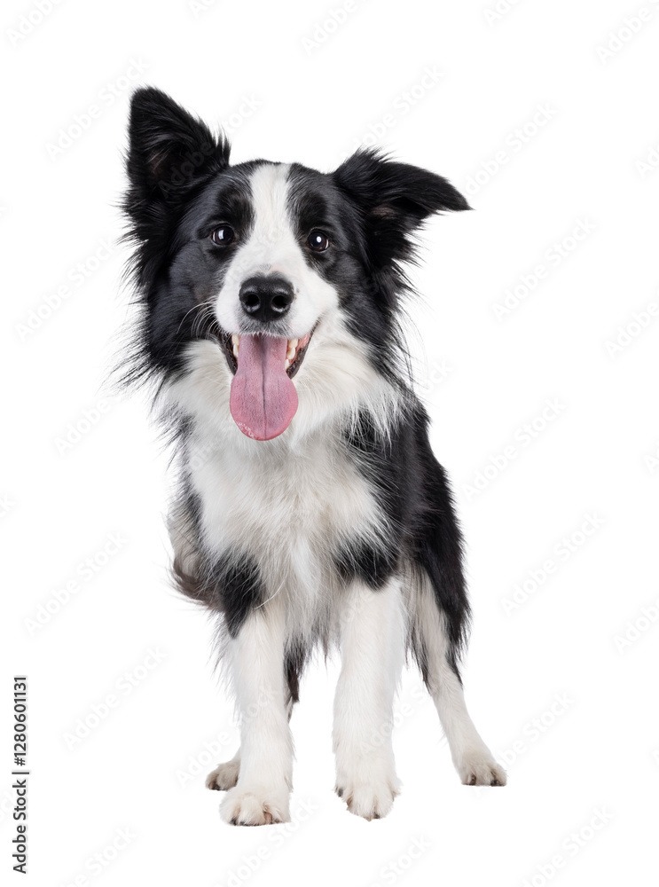 Charismatic typical black and white young adult Border Collie dog, standing up facing front. Looking straight to camera with mouth open showing pink tongue. Isolated cutout on a transparent background Charismatic typical black and white young adult Border Collie dog, standing up facing front. Looking straight to camera with mouth open showing pink tongue. Isolated cutout on a transparent background