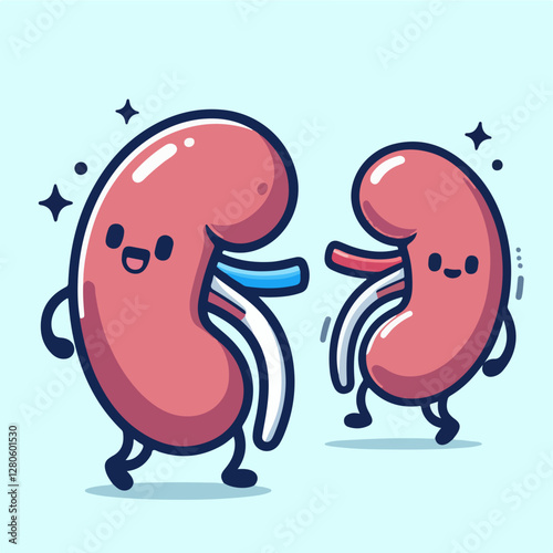 Cheerful Kidneys: Delightful illustration of two cartoon kidneys, smiling and playfully interacting. Ideal for educational materials or health-related content.