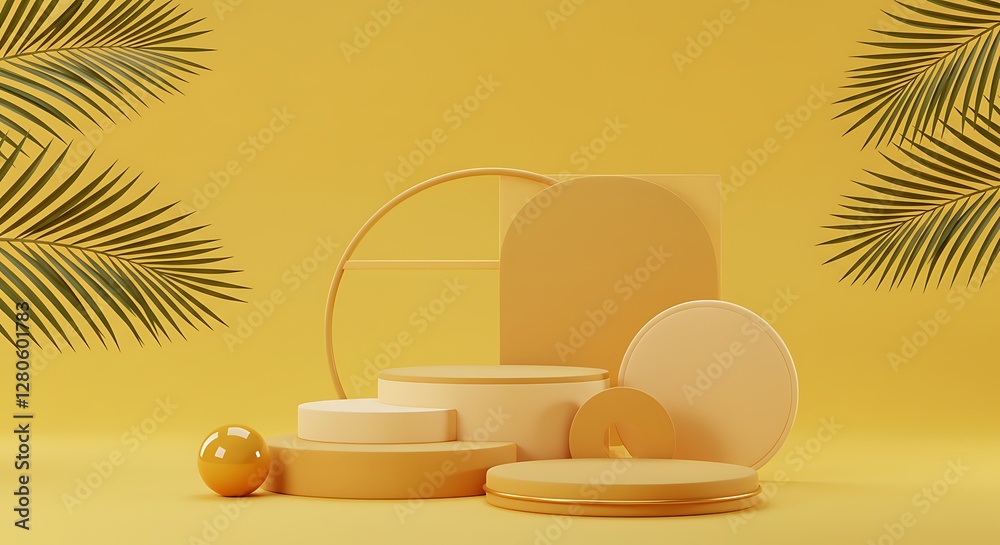 Fototapeta premium Pedestal, steps and shelf. Palm trees leaves topical juicy. 3d render illustration. Podium steps for brand promotion product. Creative yellow background for advertising presentation. Stand base mockup