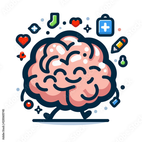 Mindful Cognition: An adorable cartoon brain with a cheerful expression, thoughtfully strolling through a whimsical world of symbols represents mental well-being, health and creative thinking.