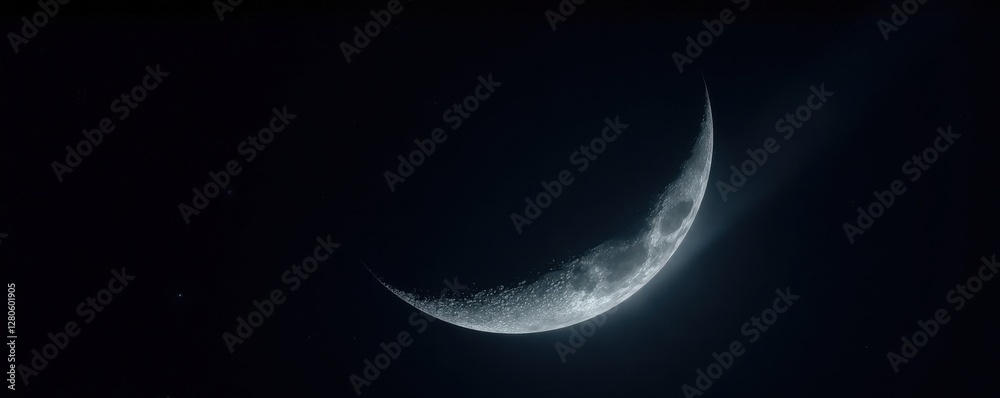 Sharp crescent moon, bright sliver in deep black expanse , night, dark sky Sharp crescent moon, bright sliver in deep black expanse , night, dark sky