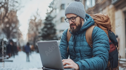 man with backpack working on laptop outdoors in winter. He wears beanie and glasses, surrounded by cityscape. scene conveys focus and productivity photo