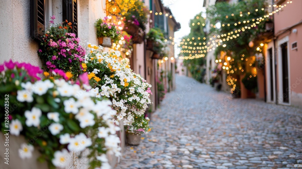 Fototapeta premium Flower-lined cobblestone street, evening lights, Italian village