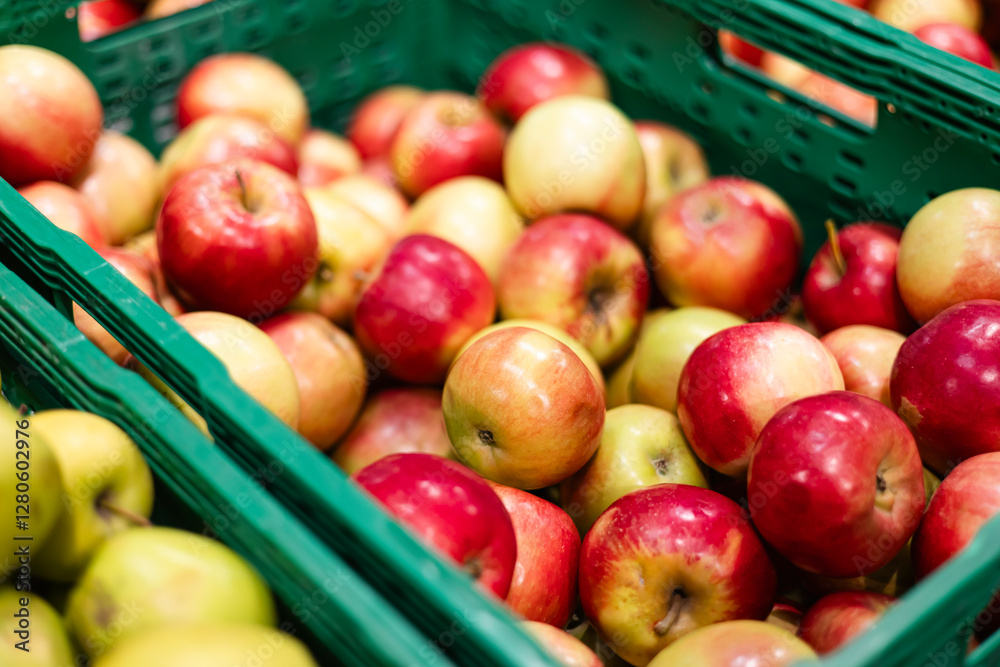 Close-up of organic farm apples in the market for sale in crates. Close-up of organic farm apples in the market for sale in crates.
