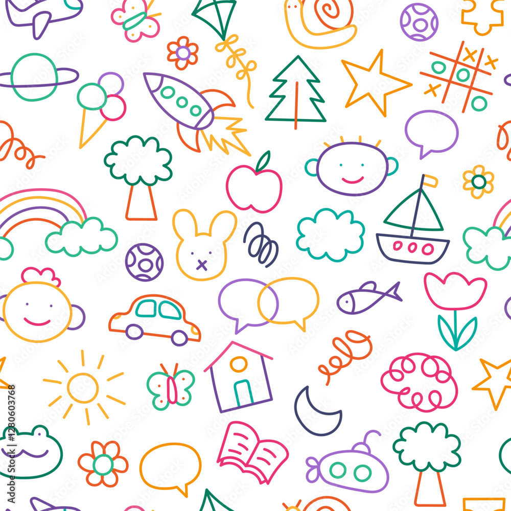 A colorful and playful seamless pattern featuring childlike doodles of animals, smiles, trees, stars, and fun objects like ice cream and rockets. Perfect for creating joyful, whimsical designs. A colorful and playful seamless pattern featuring childlike doodles of animals, smiles, trees, stars, and fun objects like ice cream and rockets. Perfect for creating joyful, whimsical designs.