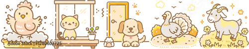 Pets on a farm Cute farm and pet animals in doodle style
