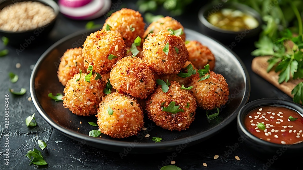 Crispy cheese balls on dark plate, garnished with herbs, with sauces and ingredients in background Crispy cheese balls on dark plate, garnished with herbs, with sauces and ingredients in background