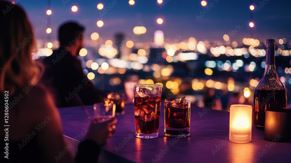 Alcohol consumption at a stylish rooftop bar with city skyline. Featuring cocktails and glamorous vibes