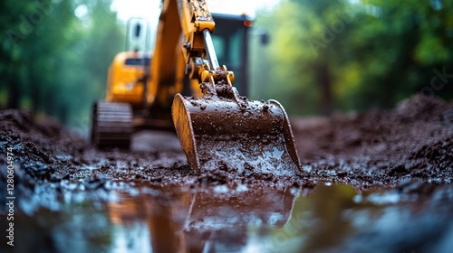 Excavator digging muddy puddle construction site photo