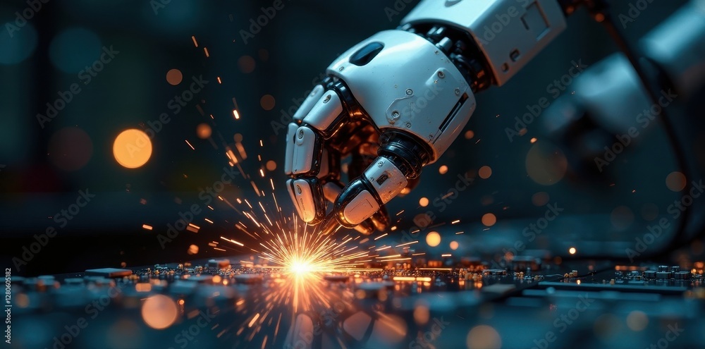 Sleek chrome robot arm welds intricate circuitry , cog, future, precision Sleek chrome robot arm welds intricate circuitry , cog, future, precision