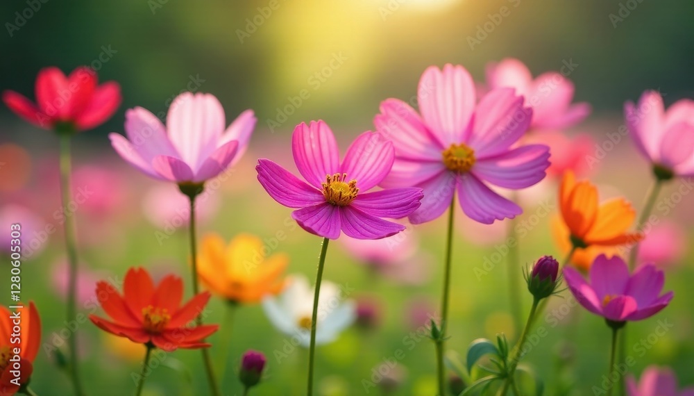 Vibrant cosmos flowers bloom in spring meadow, plant, stem, wildflower Vibrant cosmos flowers bloom in spring meadow, plant, stem, wildflower