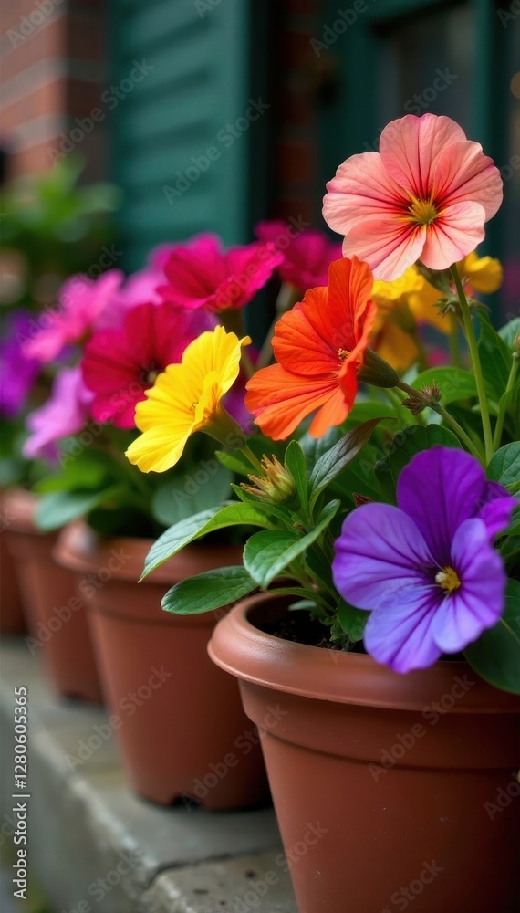 Obraz premium Vibrant petunias, geraniums, and pansies in terracotta pots , bloom, spring