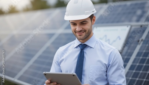 A solar energy expert, wearing a helmet and business attire, analyzes data on a tablet while standing amidst solar panels under a clear sky