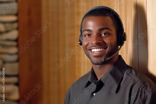 professional customer service representative with wireless headset, genuine smile, business casual attire, warm office lighting, corporate environment