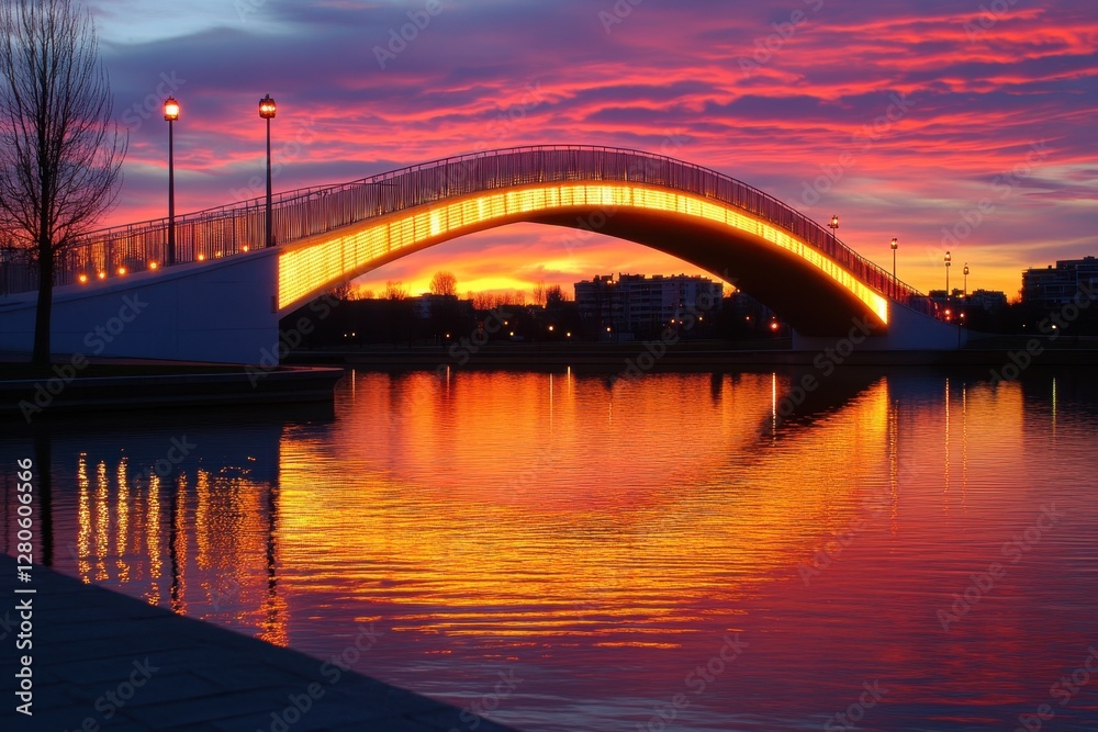 Fototapeta premium Stunning sunset over illuminated arch bridge reflecting in calm water