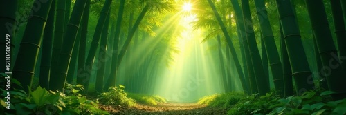 Sunbeams pierce dense bamboo grove, creating ethereal light , stems, full frame