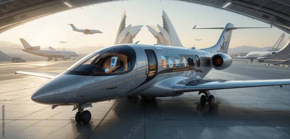 Naklejka premium A sleek private jet stands ready on the tarmac, reflecting the vibrant colors of sunset as other aircraft taxi nearby. The futuristic terminal enhances the luxurious atmosphere of travel