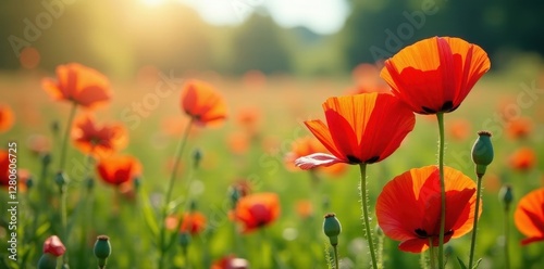 Vibrant poppies bloom amidst wildflowers, bathed in sunlight , field, wildflowers, floral