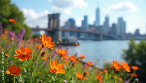 Vibrant wildflowers in sharp focus, NYC skyline blurred background , photography, summer, photo