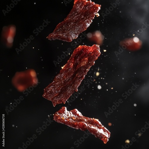 Airborne beef jerky strips floating against black background